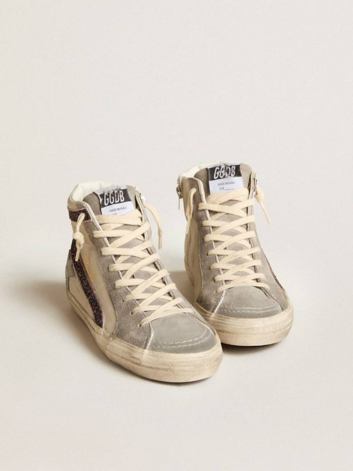 Women Slide Golden Goose White Slide With Gray Leather Star And Wine-Colored Glitter Flash