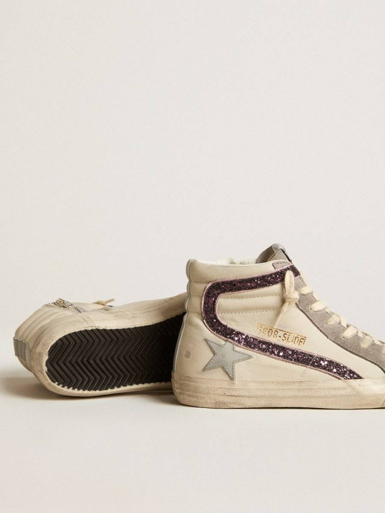 Women Slide Golden Goose White Slide With Gray Leather Star And Wine-Colored Glitter Flash