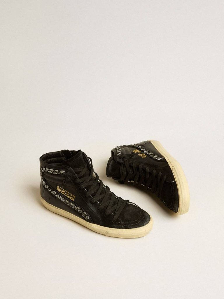 Women Slide Slide In Leather With Black Star And Swarovski Crystal Flash Golden Goose