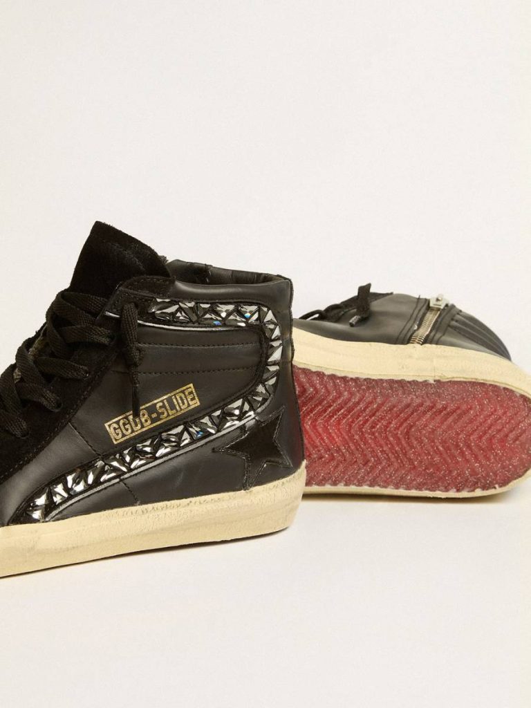Women Slide Slide In Leather With Black Star And Swarovski Crystal Flash Golden Goose