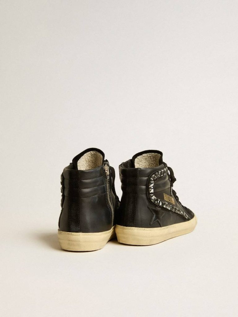 Women Slide Slide In Leather With Black Star And Swarovski Crystal Flash Golden Goose