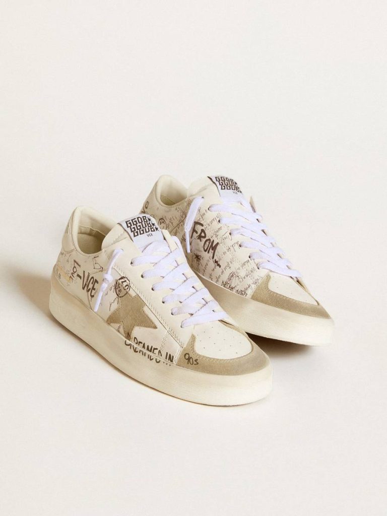 Women Stardan Stardan With Beige Suede Star And Toe And All-Over Lettering And Patterns Golden Goose