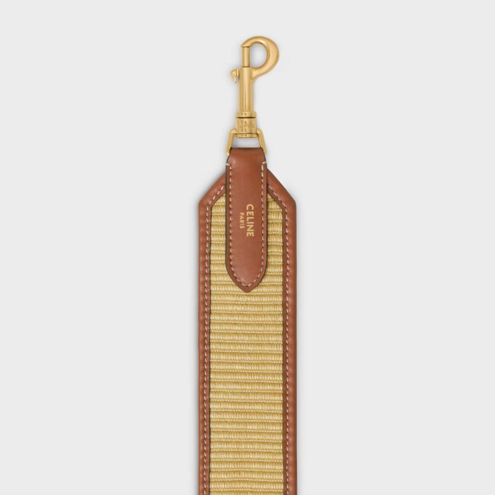 Women Straps And Accessories Celine Natural / Tan Strap In Raffia Effect Textile And Calfskin With Gold Finishing