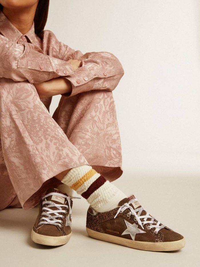 Women Super-Star Golden Goose Women's Super-Star Ltd In Brown Glitter And Suede With Leather Star And Heel Tab