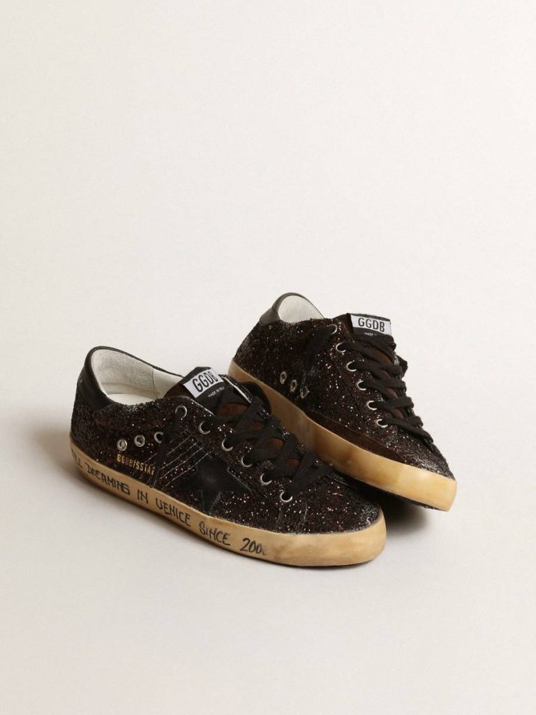 Women Super-Star In Brown Glitter With Black Leather Star And Heel Tab Golden Goose Super-Star