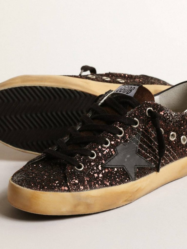Women Super-Star In Brown Glitter With Black Leather Star And Heel Tab Golden Goose Super-Star