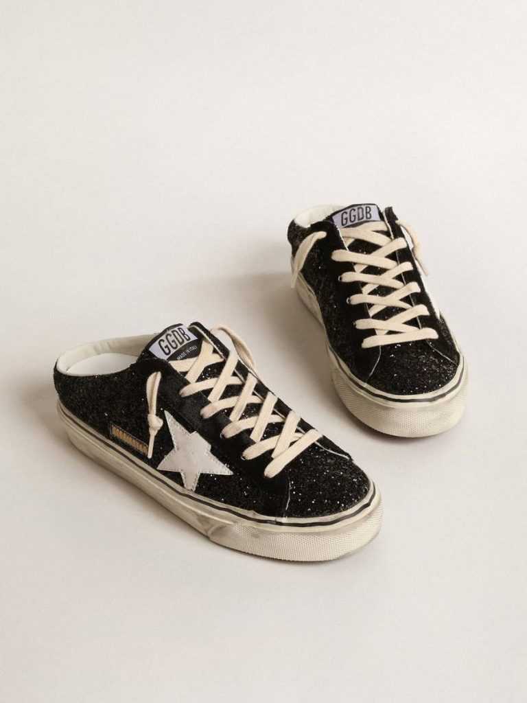 Women Super-Star Sabot Golden Goose Super-Star Sabots In Black Glitter With White Bio-Based Star