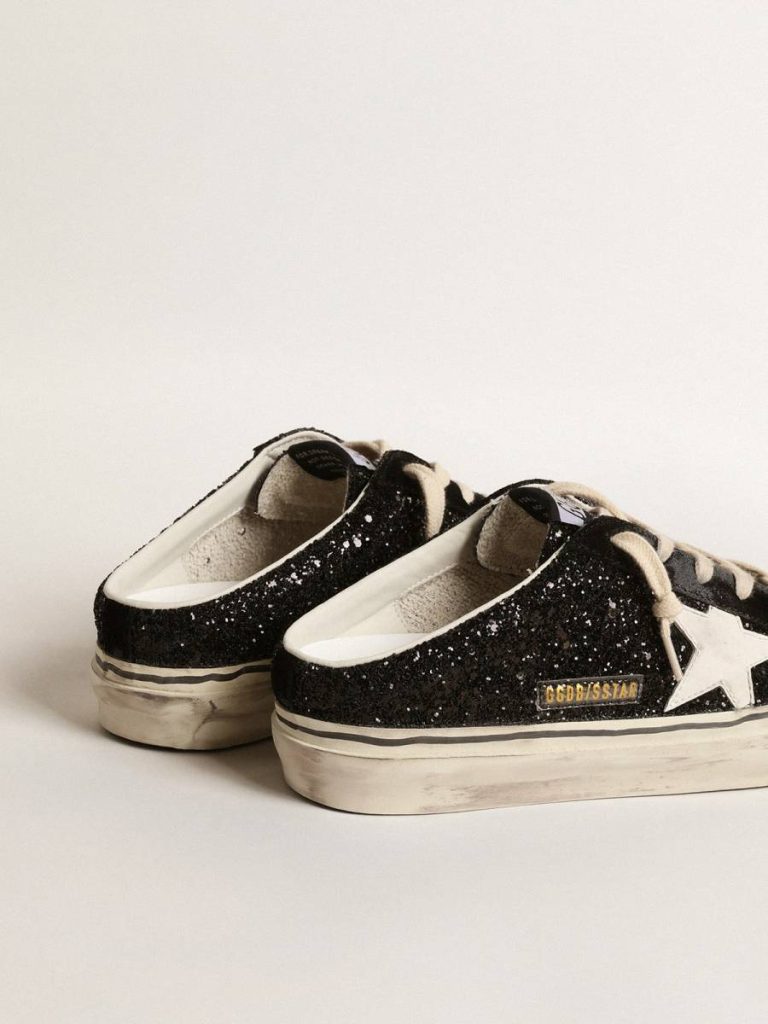 Women Super-Star Sabot Golden Goose Super-Star Sabots In Black Glitter With White Bio-Based Star