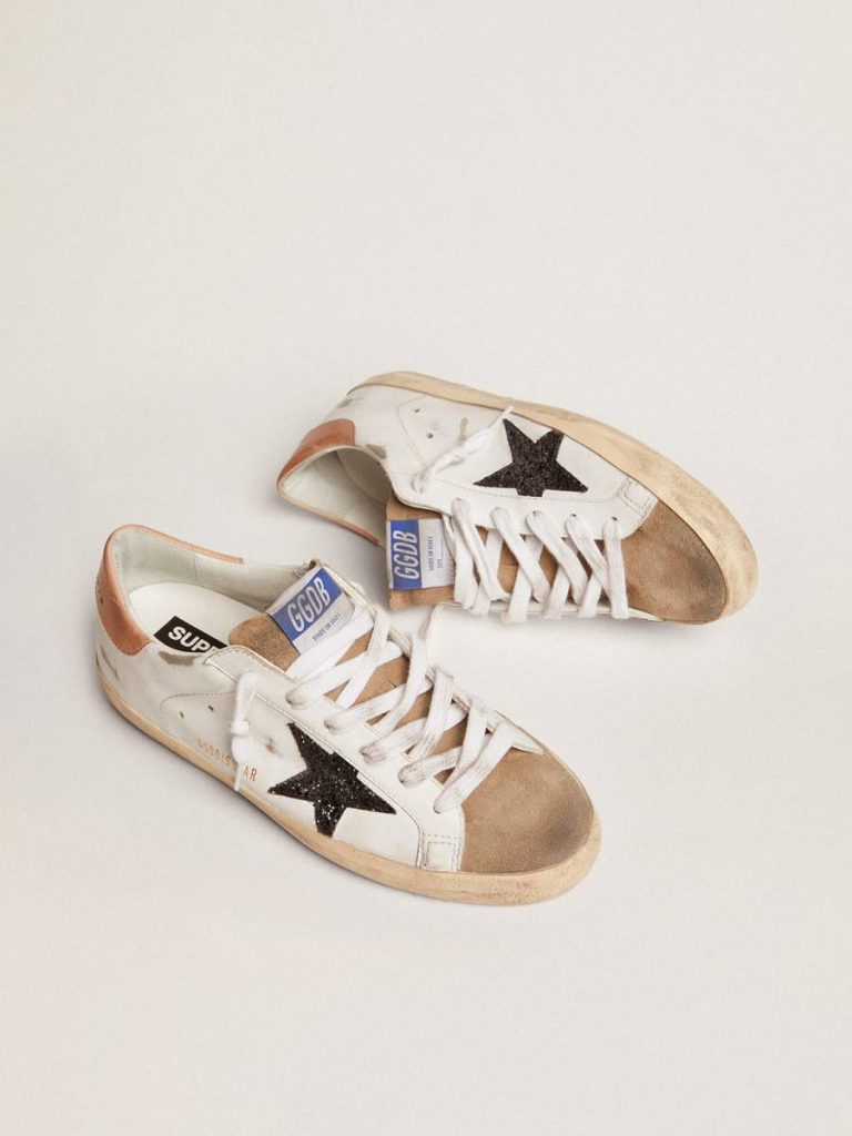 Women Super-Star White Women's Super-Star With Black Glitter Star And Pink Heel Tab Golden Goose