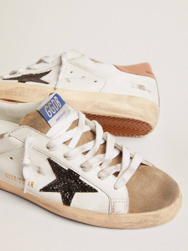 Women Super-Star White Women's Super-Star With Black Glitter Star And Pink Heel Tab Golden Goose