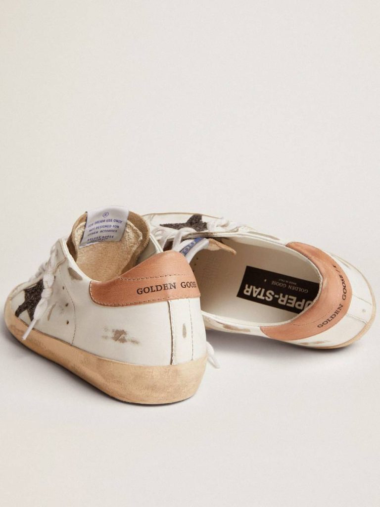 Women Super-Star White Women's Super-Star With Black Glitter Star And Pink Heel Tab Golden Goose