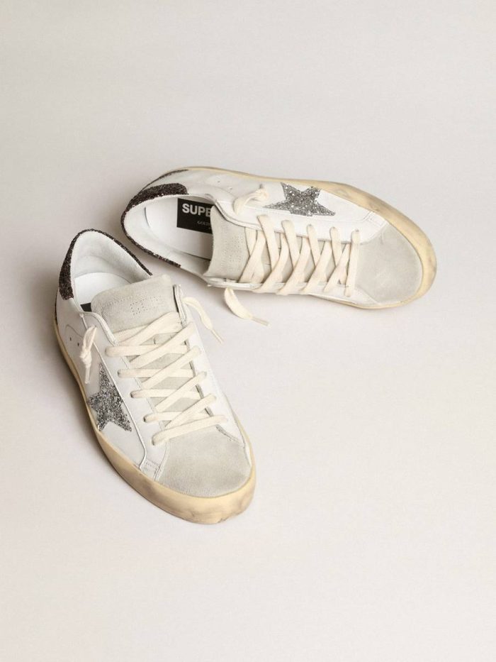Women Super-Star White Women's Super-Star With Silver Star And Brown Glitter Heel Tab Golden Goose