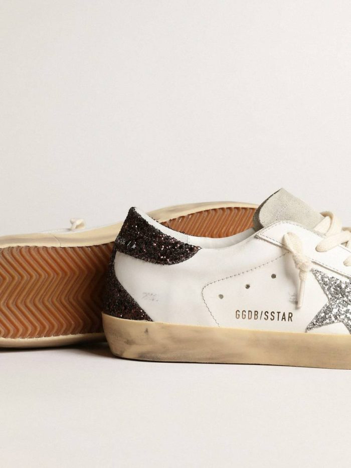 Women Super-Star White Women's Super-Star With Silver Star And Brown Glitter Heel Tab Golden Goose