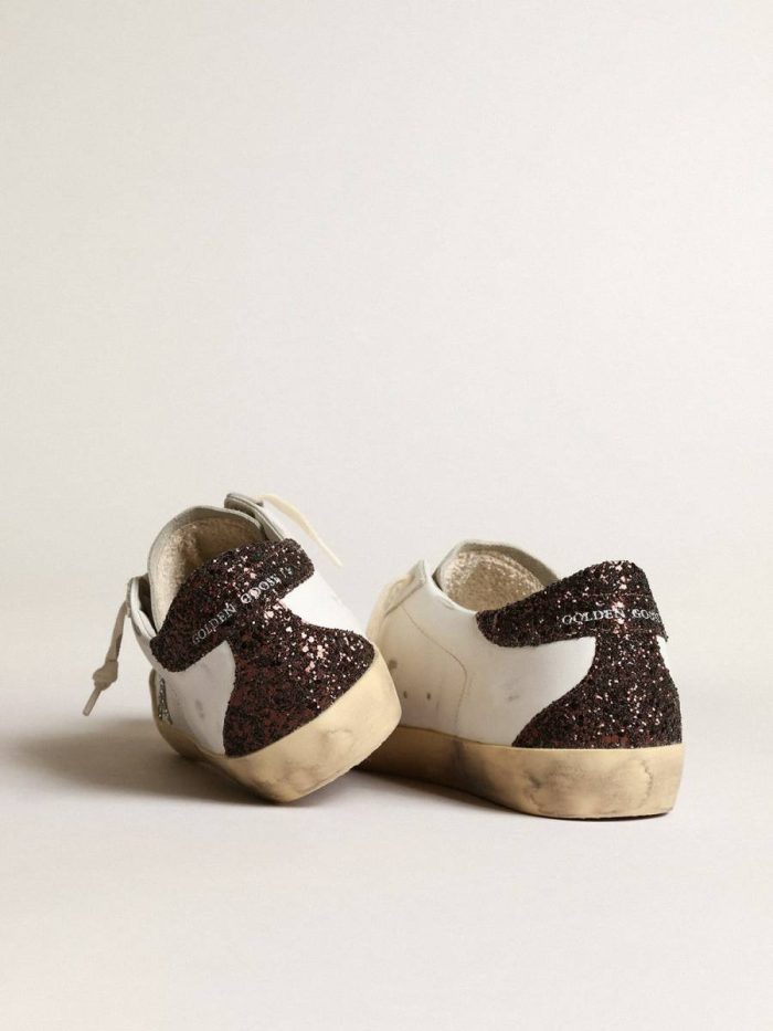 Women Super-Star White Women's Super-Star With Silver Star And Brown Glitter Heel Tab Golden Goose