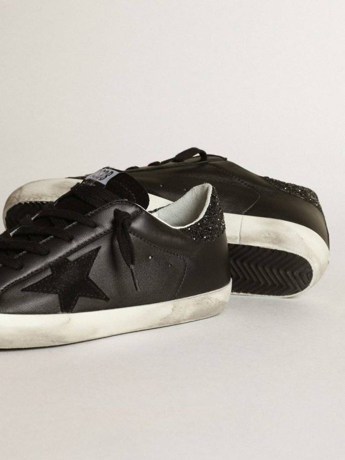 Women Super-Star Women's Super-Star In Black Nappa With Black Star And Glitter Heel Tab Golden Goose