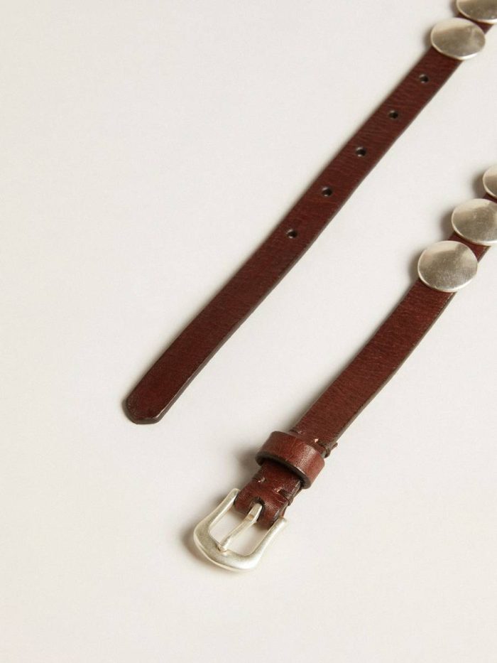 Women Trinidad Thin Belt In Dark Brown Leather With Silver Studs Dark Brown Belts Golden Goose