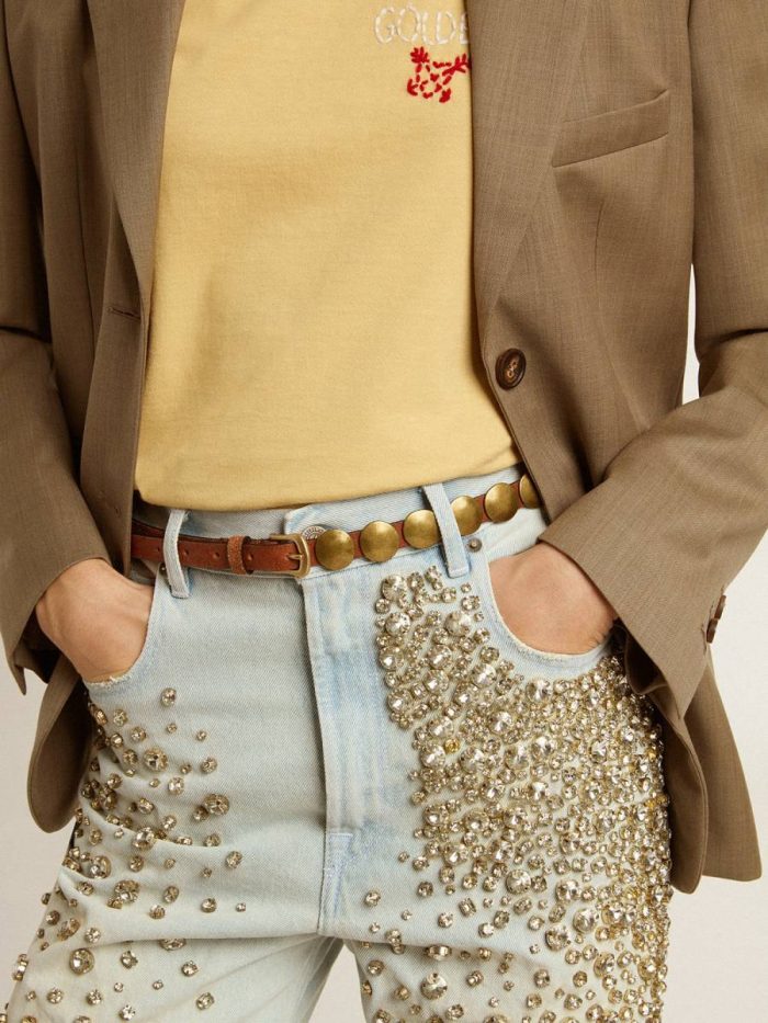 Women Trinidad Thin Belt In Dark Brown Leather With Silver Studs Dark Brown Belts Golden Goose
