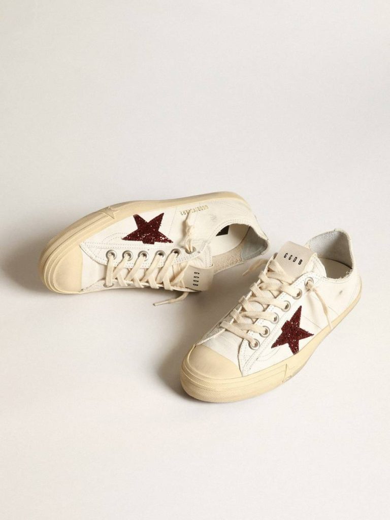 Women V-Star Golden Goose Women's V-Star In White Nappa With Red Glitter Star