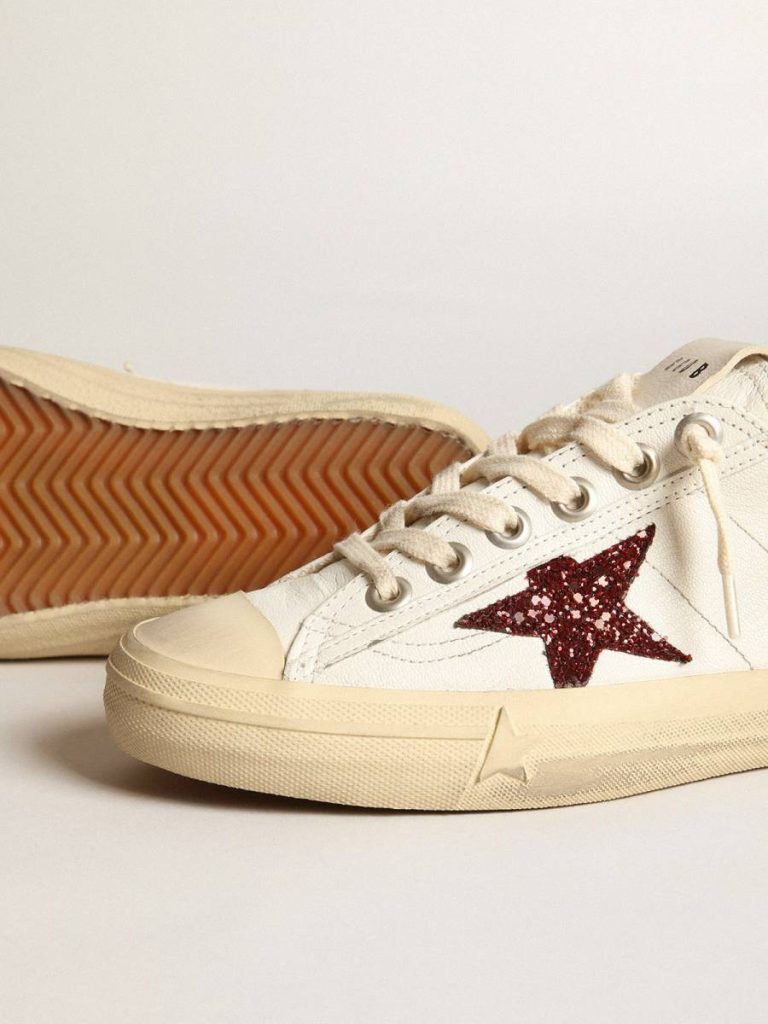 Women V-Star Golden Goose Women's V-Star In White Nappa With Red Glitter Star