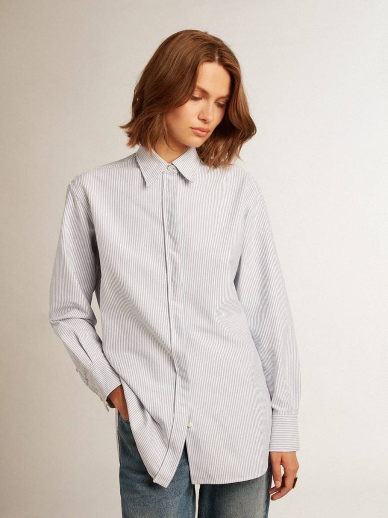 Women White And Light Blue Women's Shirt With Narrow Stripes Shirts Golden Goose