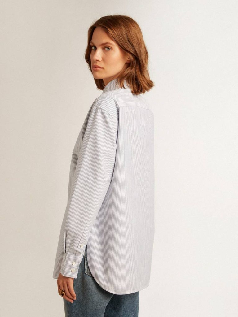 Women White And Light Blue Women's Shirt With Narrow Stripes Shirts Golden Goose