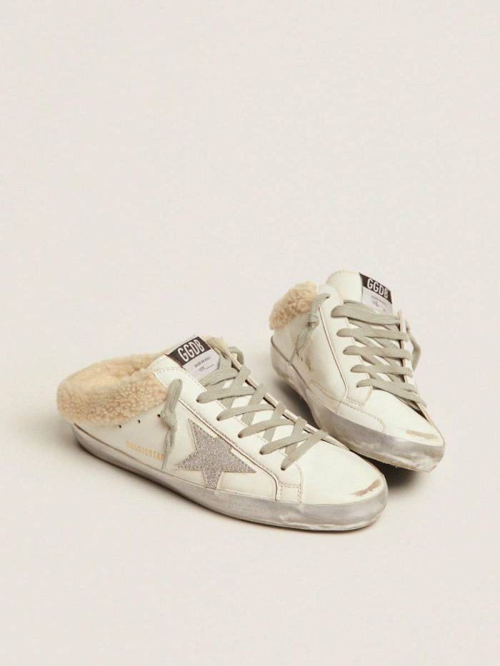Women White Super-Star Sabots In White Leather With Shearling Lining Golden Goose Super-Star Sabot