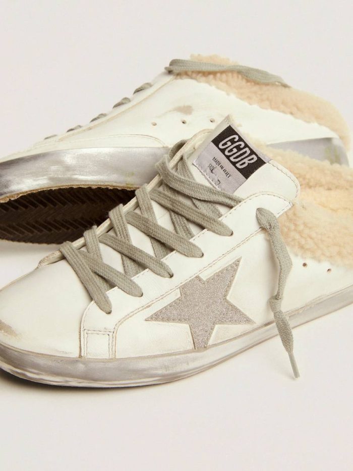 Women White Super-Star Sabots In White Leather With Shearling Lining Golden Goose Super-Star Sabot