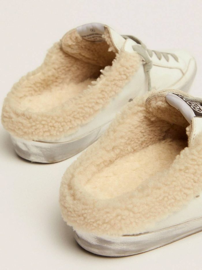 Women White Super-Star Sabots In White Leather With Shearling Lining Golden Goose Super-Star Sabot