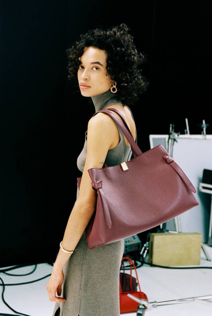 Women Wine Yuzefi Gyoza Tote - Wine Pebble Grained Leather Tote Bags