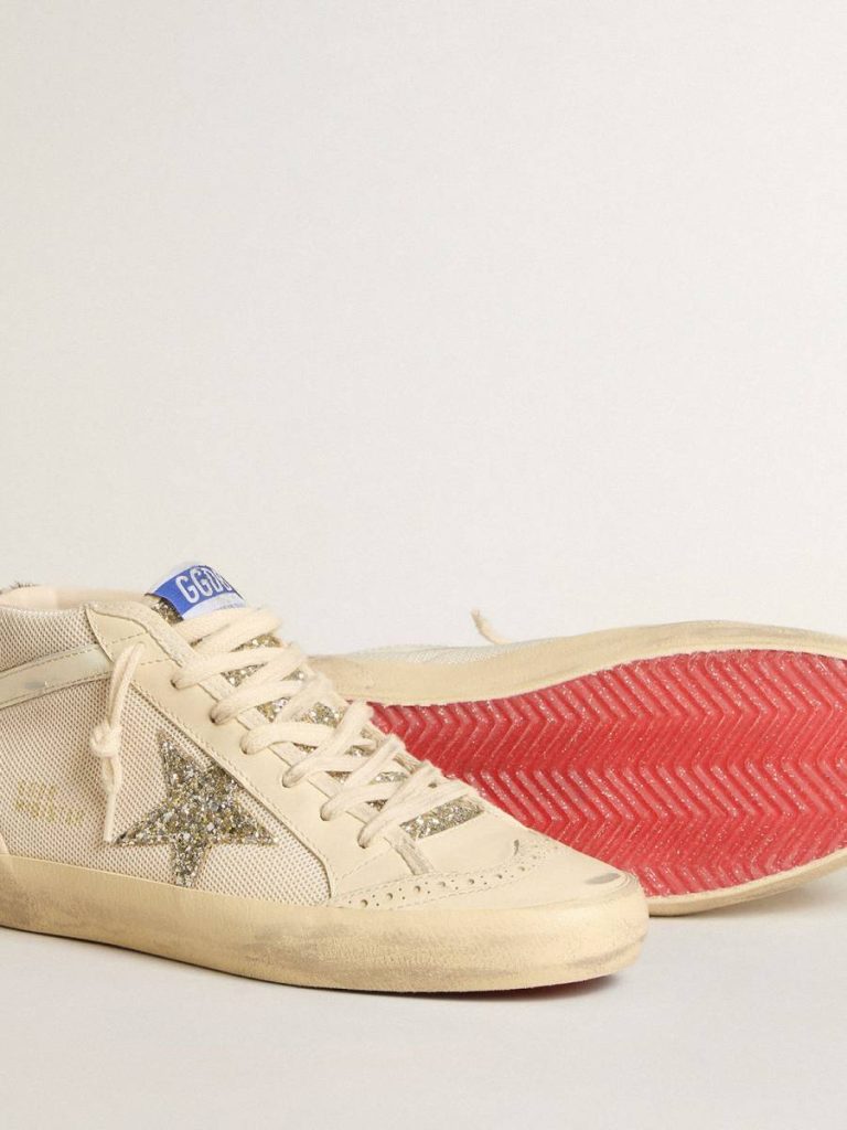 Women Women's Mid Star In Mesh With Platinum Glitter Star And White Leather Flash Golden Goose Mid Star
