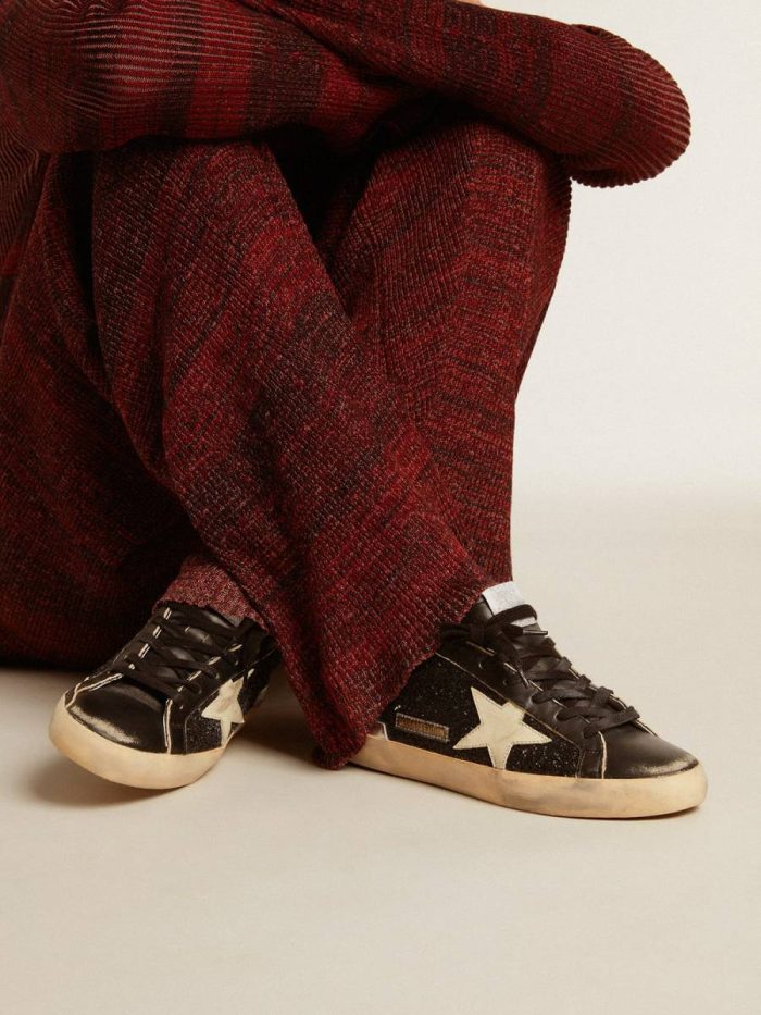Women Women's Super-Star In Black Glitter And Nappa With Cream Leather Star And Heel Tab Golden Goose Super-Star