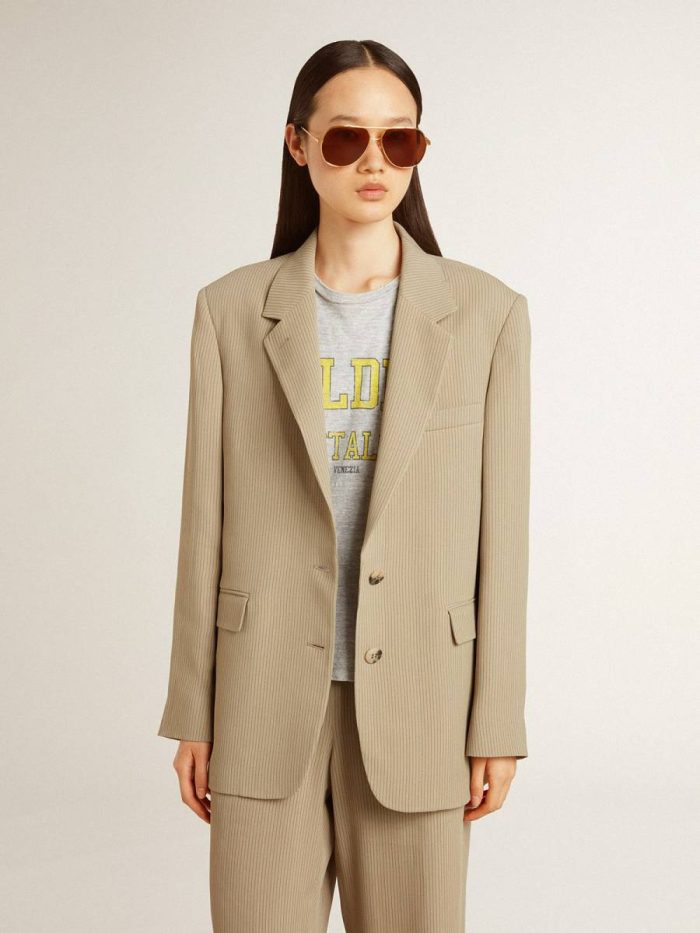 Women's Beige Pinstripe Single-Breasted Jacket With An Oversized Fit Golden Goose Women Beige Blazers