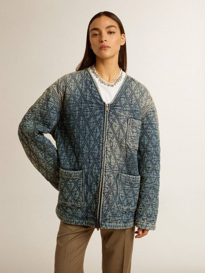 Women's Blue Quilted Jacket In Cotton Denim With Distressed Finish Golden Goose Women Stonewashed Blue Coats & Jackets