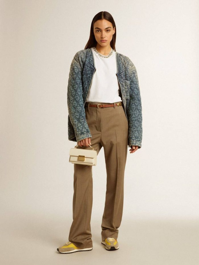 Women's Blue Quilted Jacket In Cotton Denim With Distressed Finish Golden Goose Women Stonewashed Blue Coats & Jackets