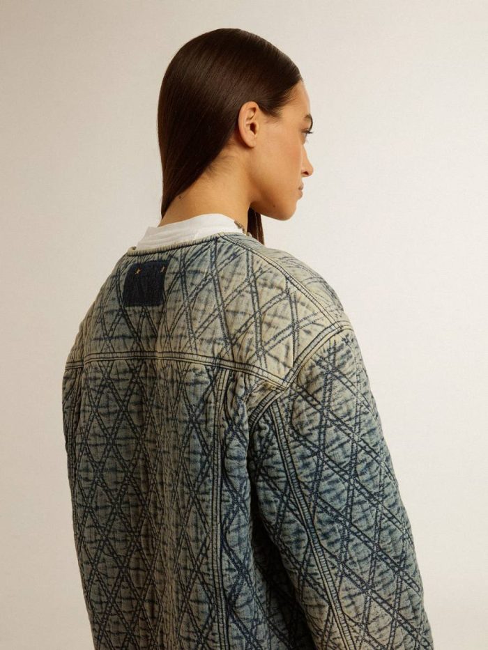 Women's Blue Quilted Jacket In Cotton Denim With Distressed Finish Golden Goose Women Stonewashed Blue Coats & Jackets