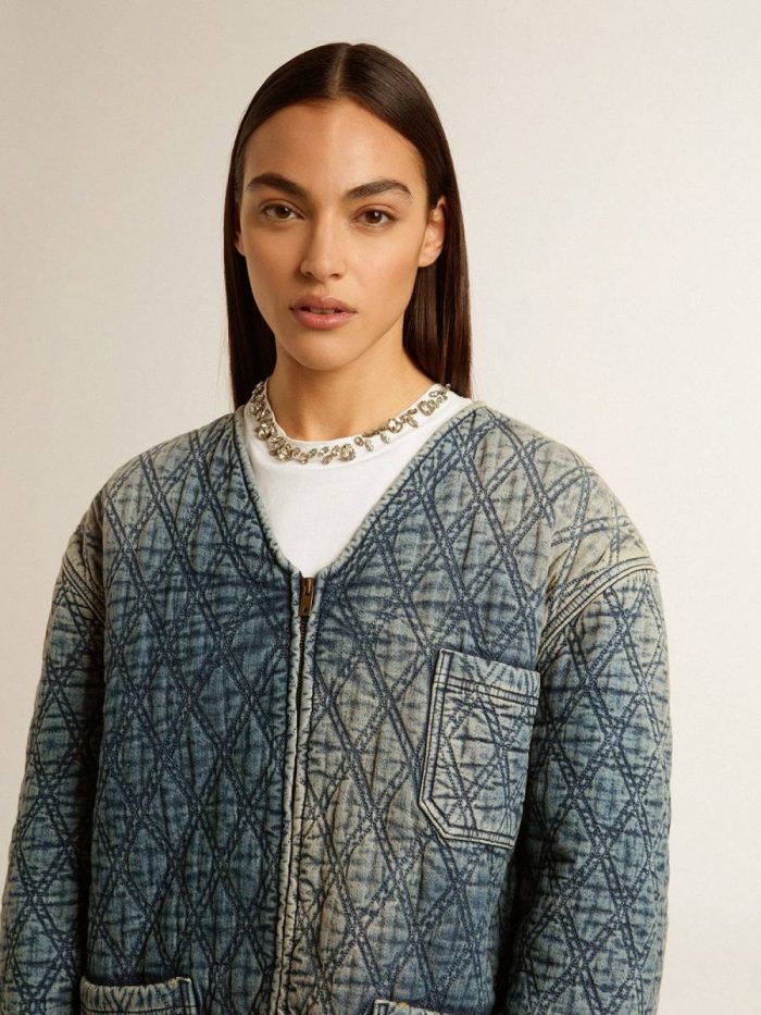 Women's Blue Quilted Jacket In Cotton Denim With Distressed Finish Golden Goose Women Stonewashed Blue Coats & Jackets