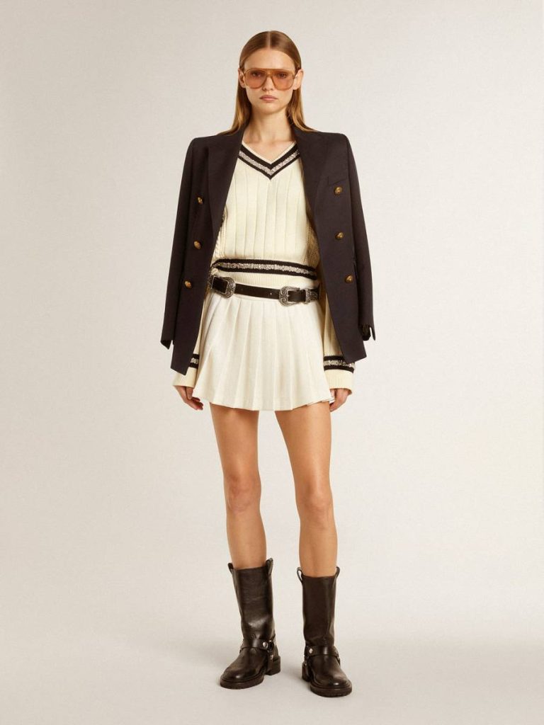 Women's Cable-Pattern Cropped Sweater With Blue Ribbing And Crystals Golden Goose Women Worn White Knitwear