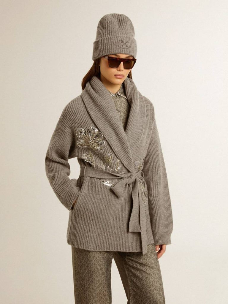 Women's Cardigan In Gray Melange Wool With Embroidery On The Front Gray Melange Knitwear Golden Goose Women