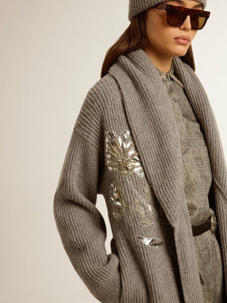 Women's Cardigan In Gray Melange Wool With Embroidery On The Front Gray Melange Knitwear Golden Goose Women