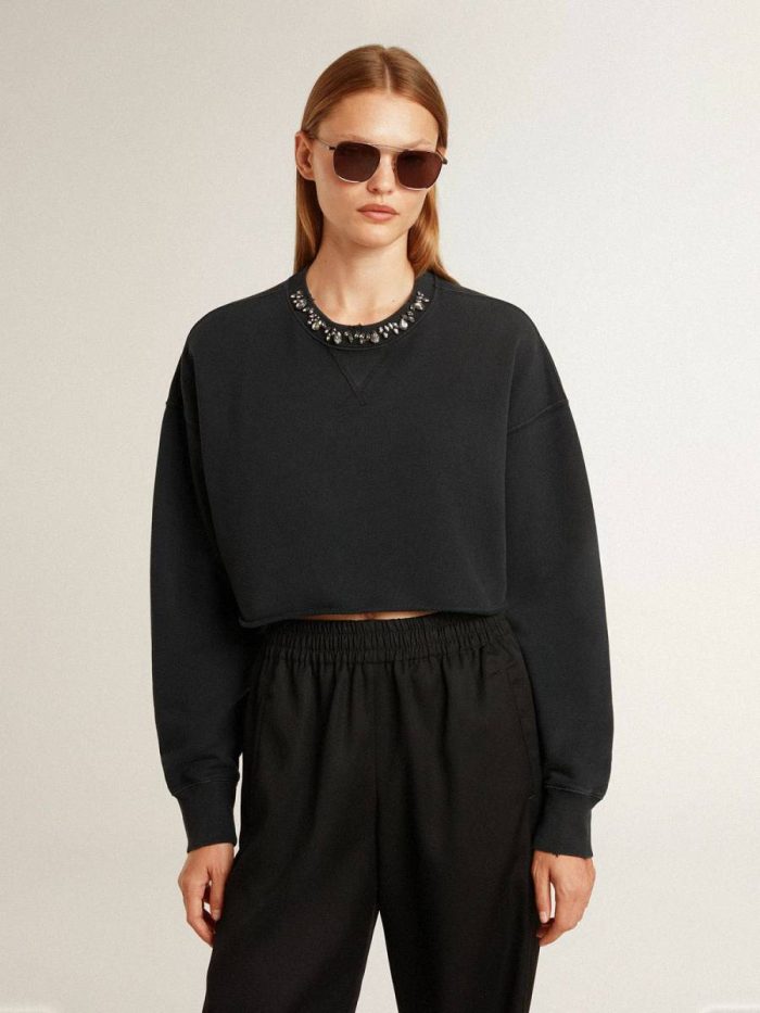 Women's Cropped Cotton Sweatshirt With Crystals On The Front Women Sweatshirts Black Golden Goose
