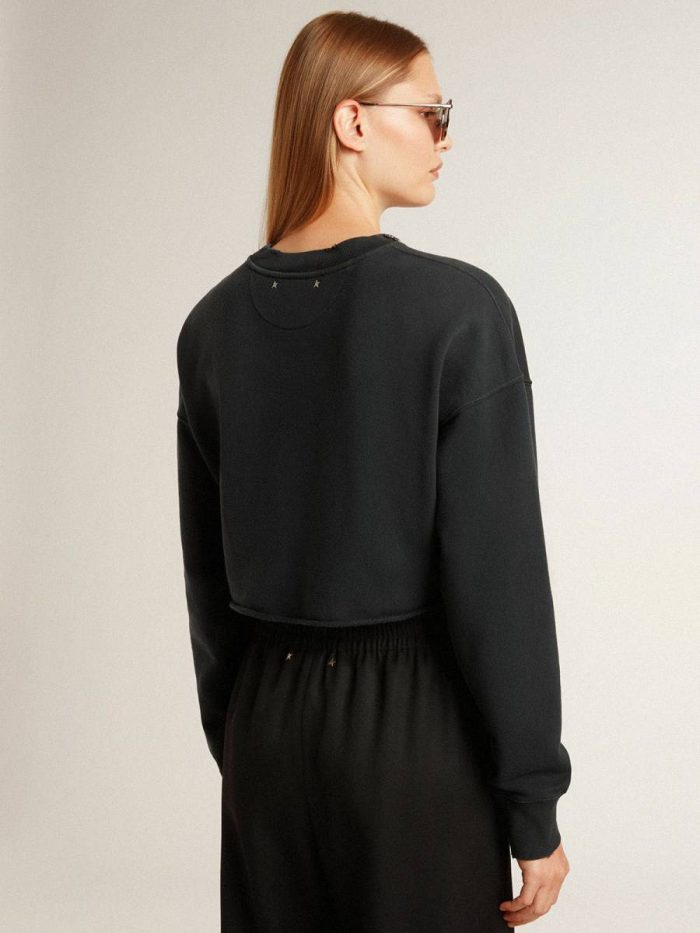 Women's Cropped Cotton Sweatshirt With Crystals On The Front Women Sweatshirts Black Golden Goose