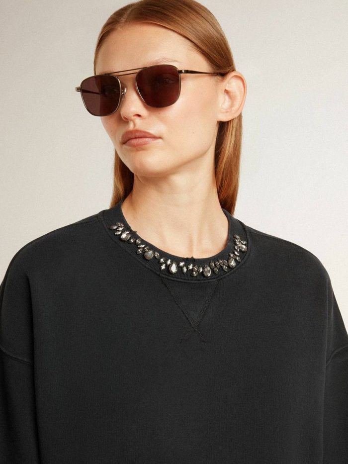 Women's Cropped Cotton Sweatshirt With Crystals On The Front Women Sweatshirts Black Golden Goose
