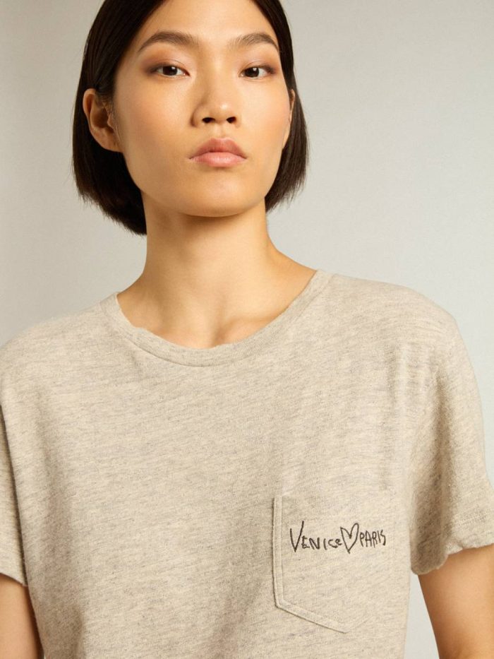 Women’s Gray Melange Cotton T-Shirt With Embroidered Lettering Gray Melange Women T-Shirts & Tops Golden Goose
