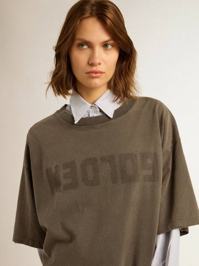 Women's Gray T-Shirt Dress With Distressed Treatment Women Golden Goose Dresses & Jumpsuits Anthracite Gray