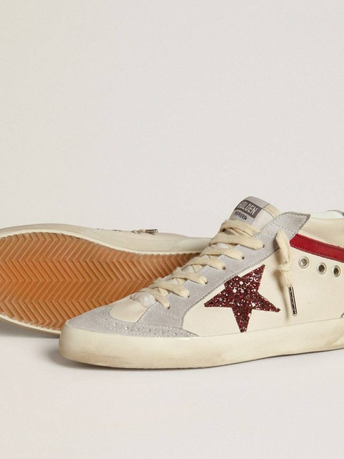 Women’s Mid Star In Leather With Glitter Star And Red Nubuck Flash Mid Star Women Golden Goose