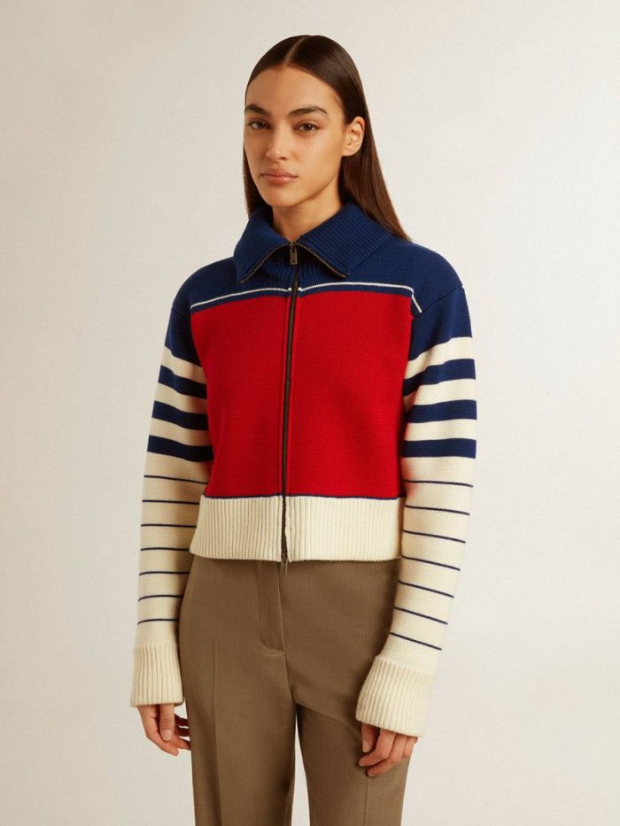 Women’s Multicolor Striped Wool Cropped Sweatshirt Knitwear Women Golden Goose Blue, Red And White