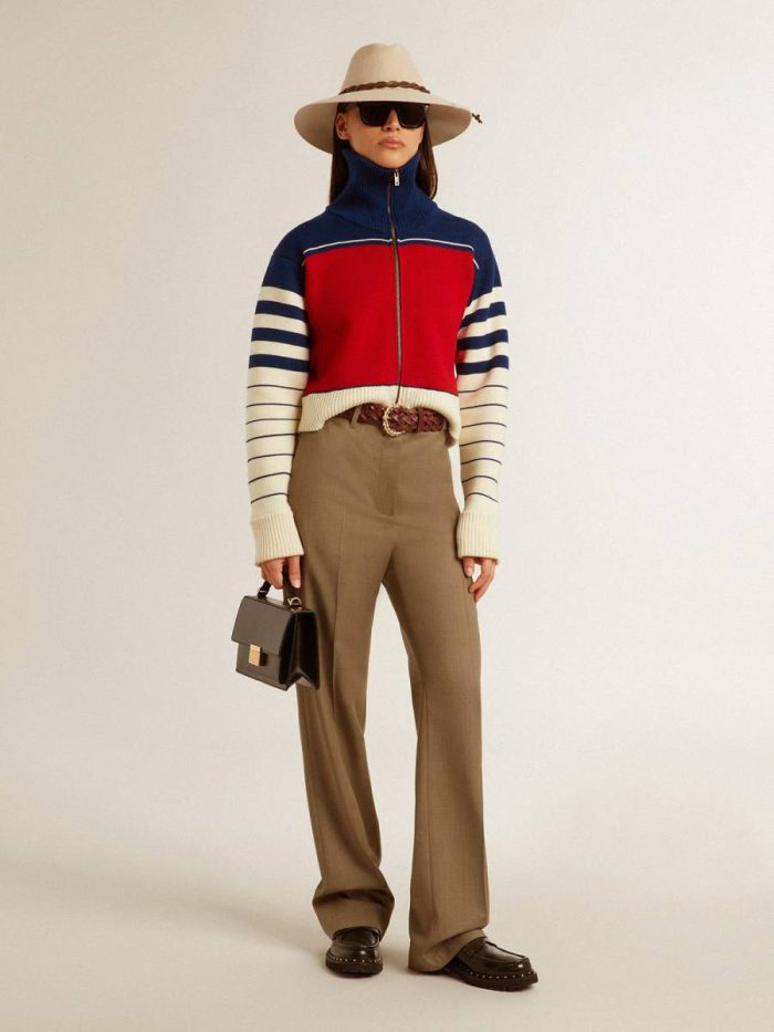 Women’s Multicolor Striped Wool Cropped Sweatshirt Knitwear Women Golden Goose Blue, Red And White
