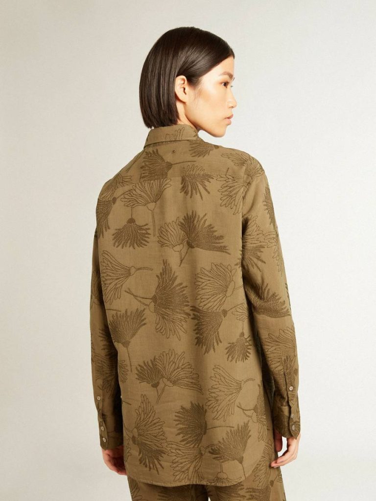 Women's Olive-Colored Viscose-Cotton Blend Shirt With Floral Pattern Shirts Women Golden Goose Olive