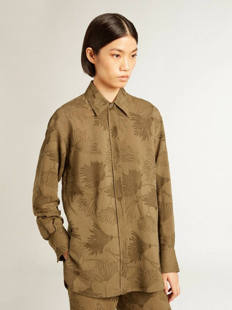 Women's Olive-Colored Viscose-Cotton Blend Shirt With Floral Pattern Shirts Women Golden Goose Olive