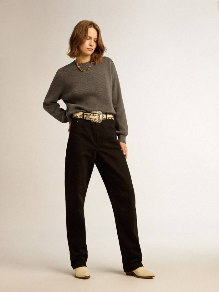 Women's Round-Neck Sweater In Dark Gray Cotton With Logo On The Back Dark Gray Melange Knitwear Women Golden Goose